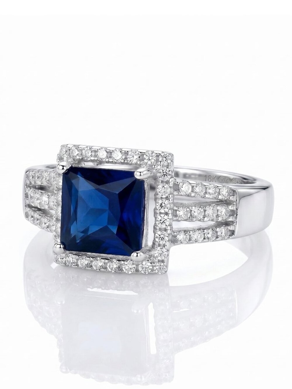 Blue Sapphire Emerald Cut 925 Sterling Silver Ring: Halo Engagement